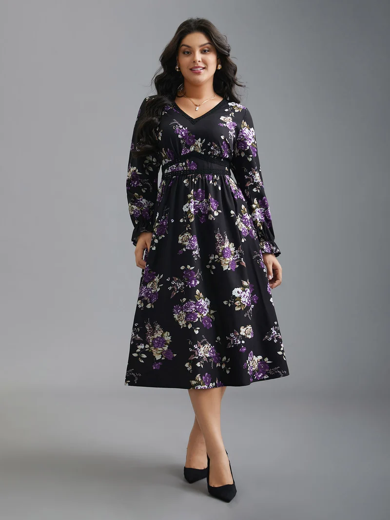V-Neck Floral Bust Defining Lace Dress