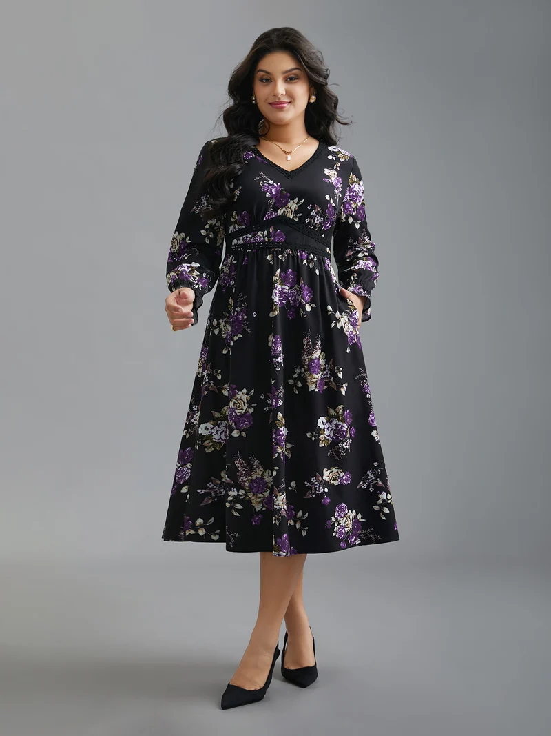 V-Neck Floral Bust Defining Lace Dress