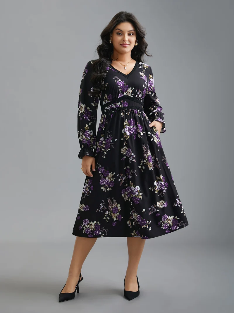 V-Neck Floral Bust Defining Lace Dress