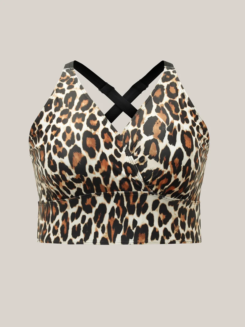 Leopard Print Surplice Neck Swim Top
