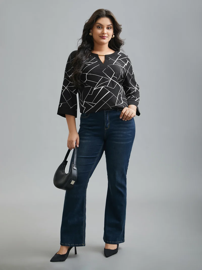 Geometric Print Metal Detail Spliced Blouse