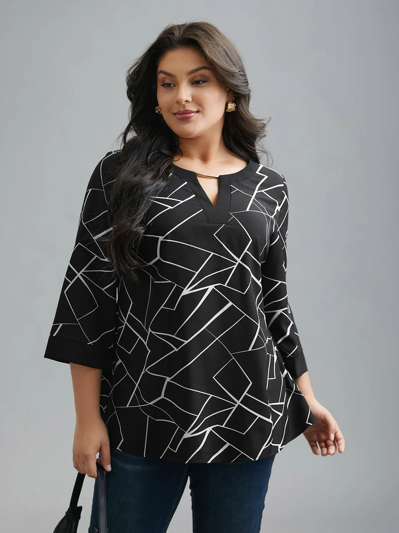 Geometric Print Metal Detail Spliced Blouse