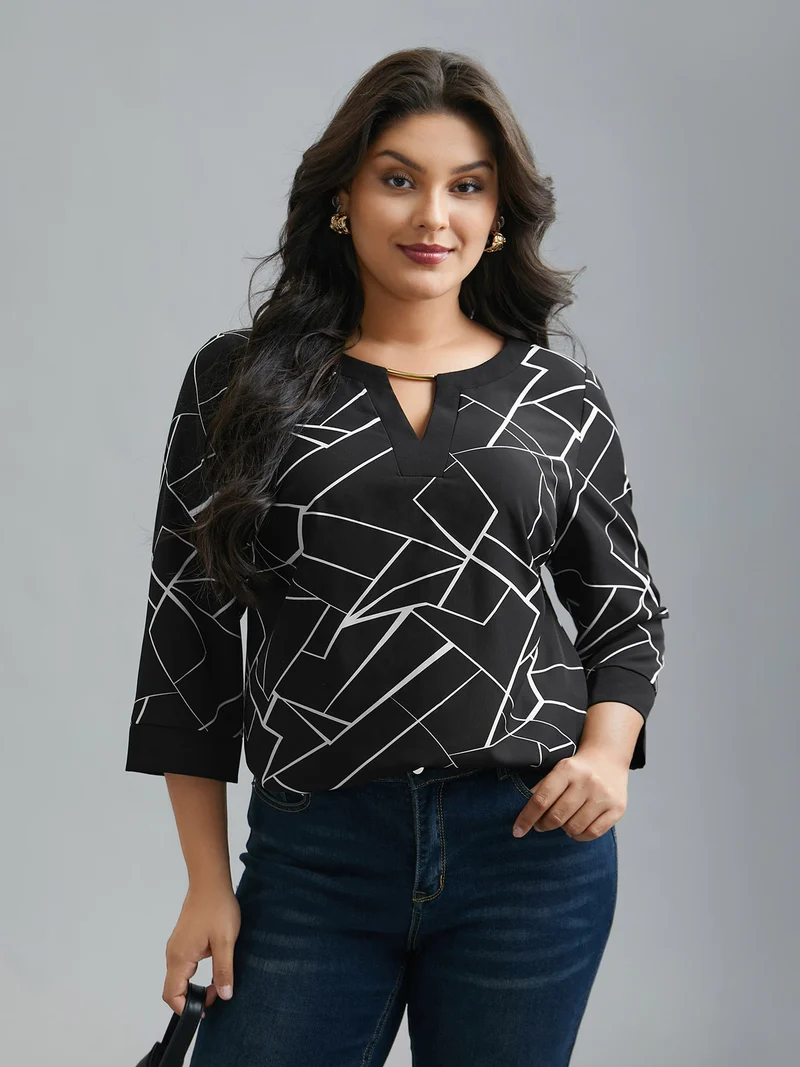 Geometric Print Metal Detail Spliced Blouse