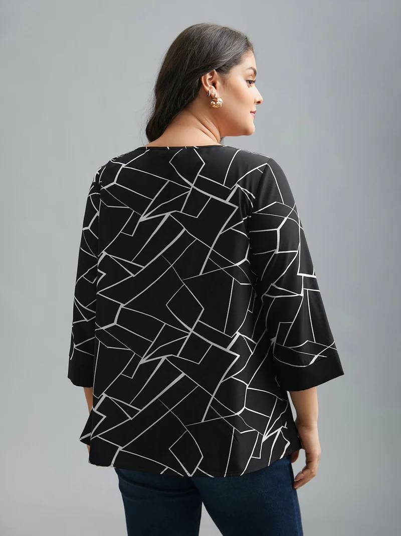 Geometric Print Metal Detail Spliced Blouse