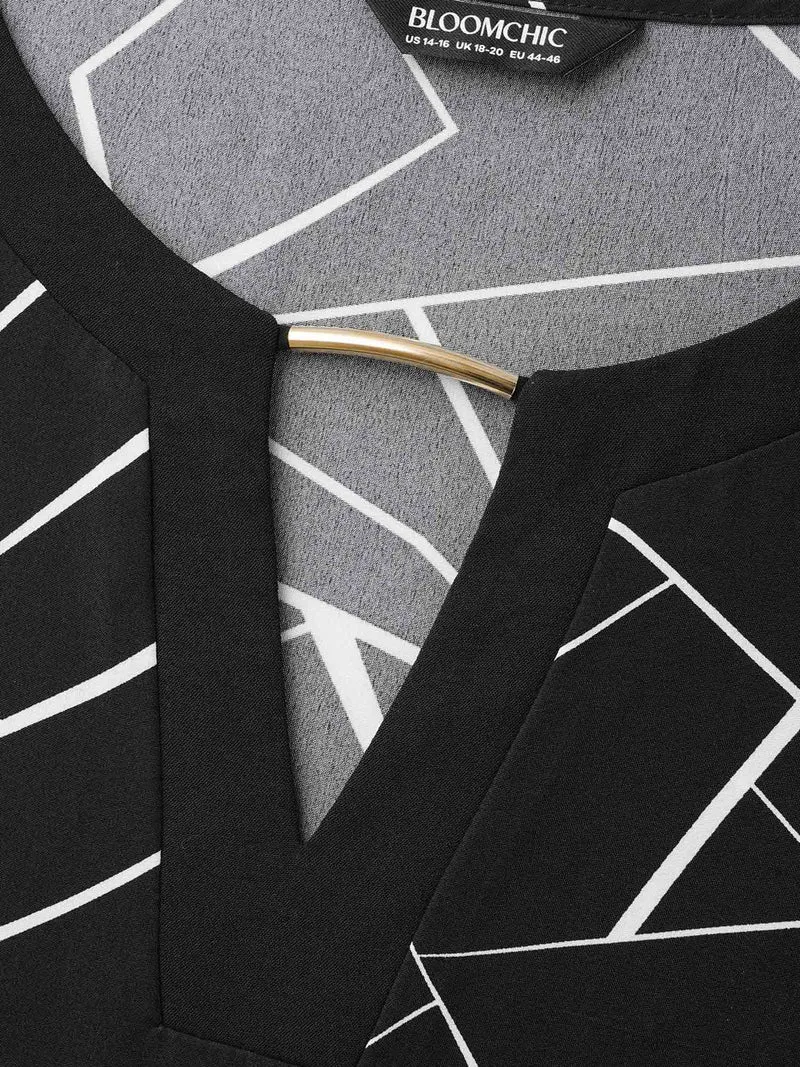 Geometric Print Metal Detail Spliced Blouse