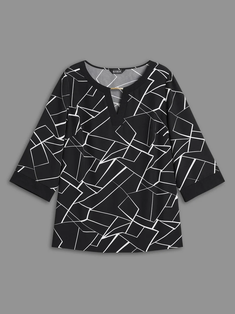 Geometric Print Metal Detail Spliced Blouse