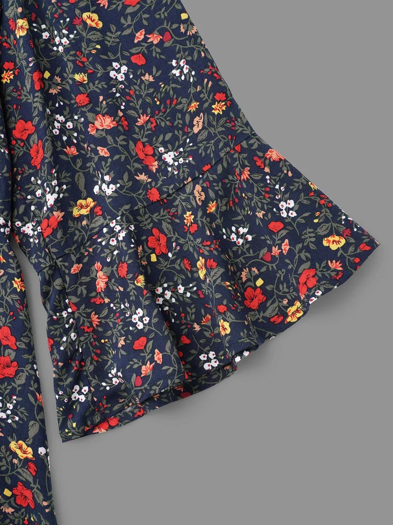 V-Neck Floral Print Lace Hem Blouse