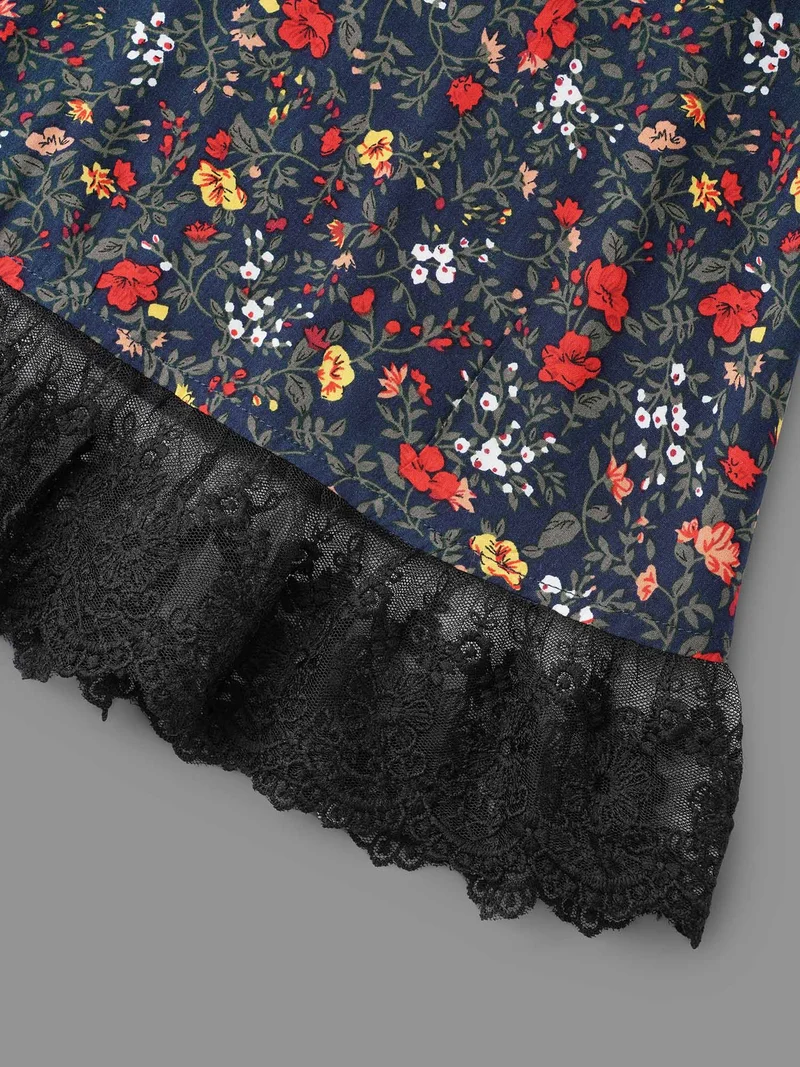 V-Neck Floral Print Lace Hem Blouse