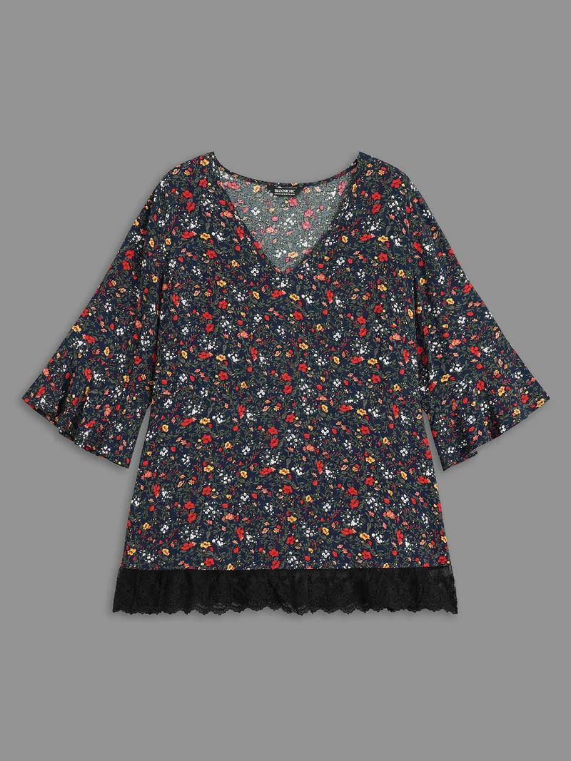 V-Neck Floral Print Lace Hem Blouse