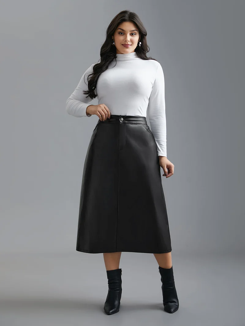 PU Leather Elastic Waist Split Hem Skirt