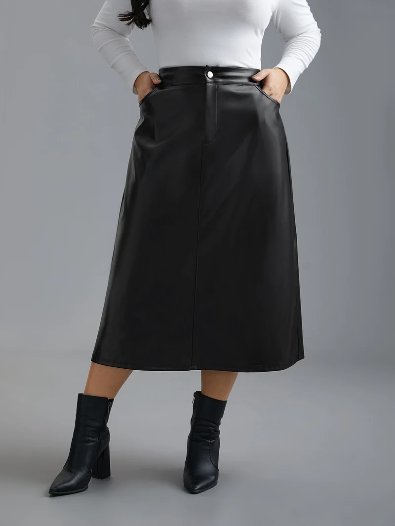 PU Leather Elastic Waist Split Hem Skirt