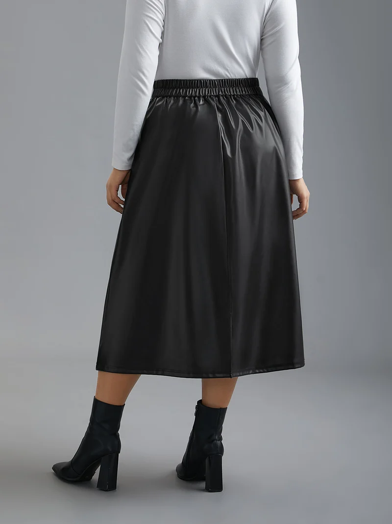 PU Leather Elastic Waist Split Hem Skirt