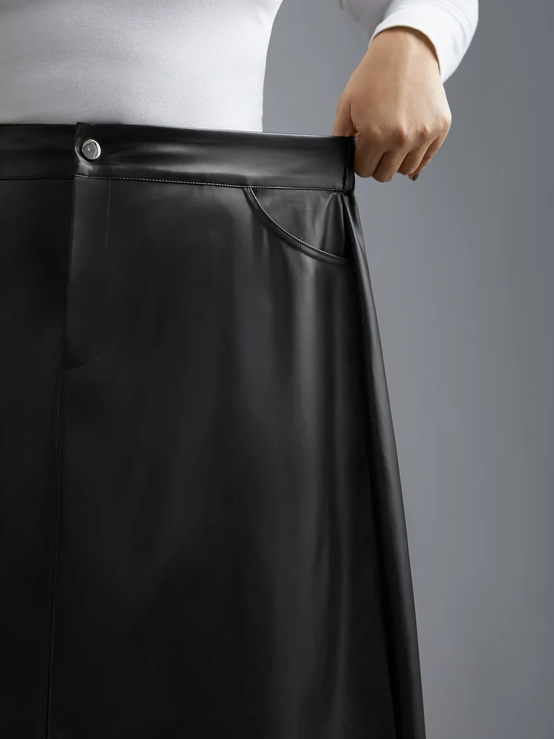 PU Leather Elastic Waist Split Hem Skirt