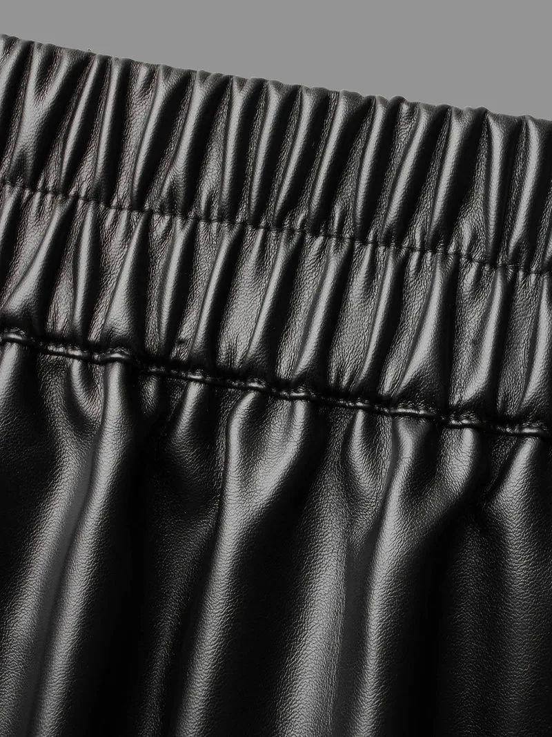 PU Leather Elastic Waist Split Hem Skirt