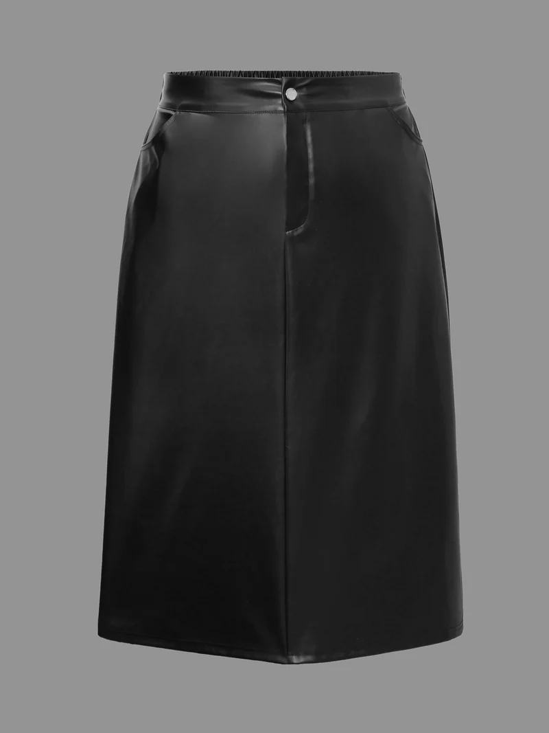 PU Leather Elastic Waist Split Hem Skirt