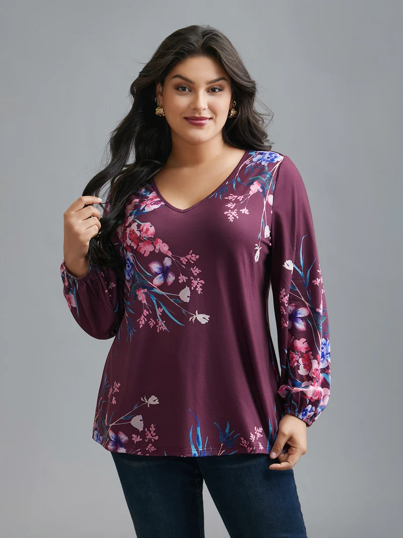 V Neck Floral Print Stretchy T-Shirt