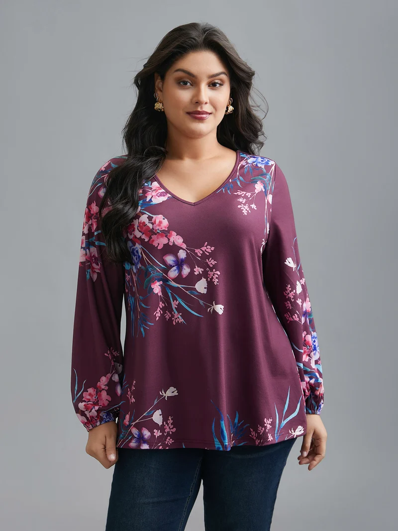 V Neck Floral Print Stretchy T-Shirt
