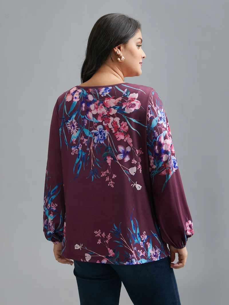 V Neck Floral Print Stretchy T-Shirt