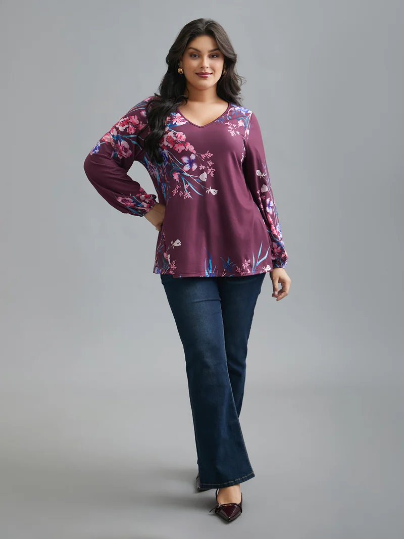 V Neck Floral Print Stretchy T-Shirt