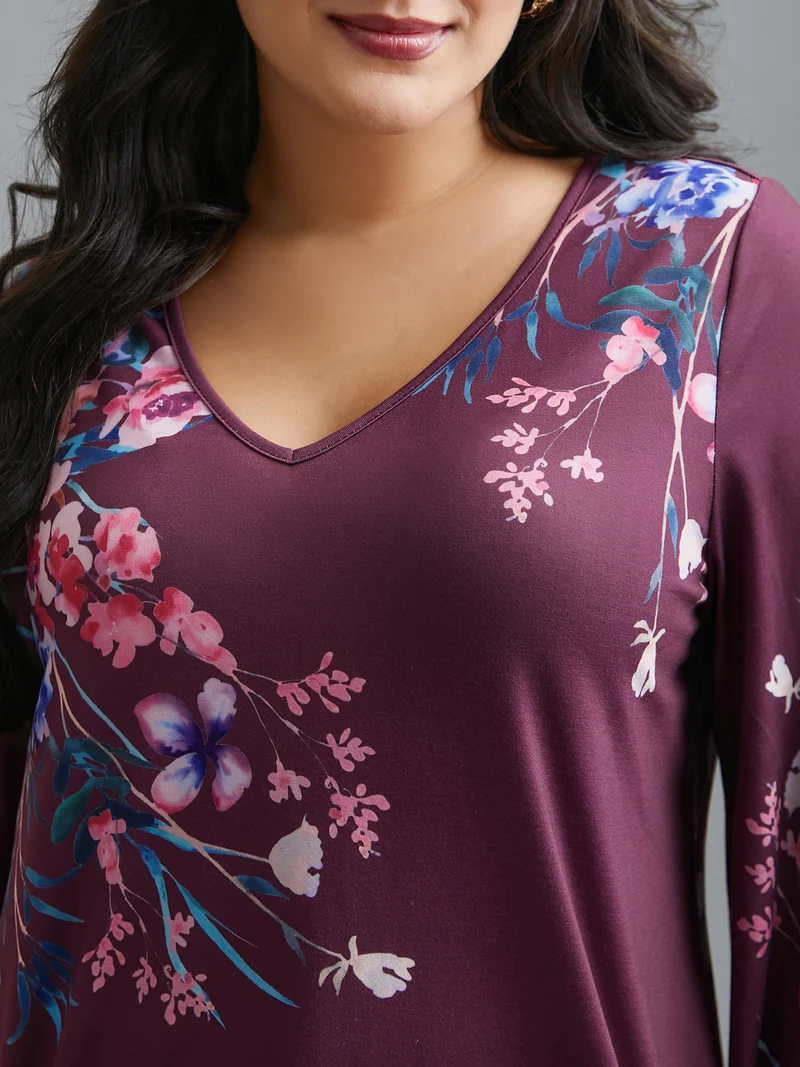 V Neck Floral Print Stretchy T-Shirt