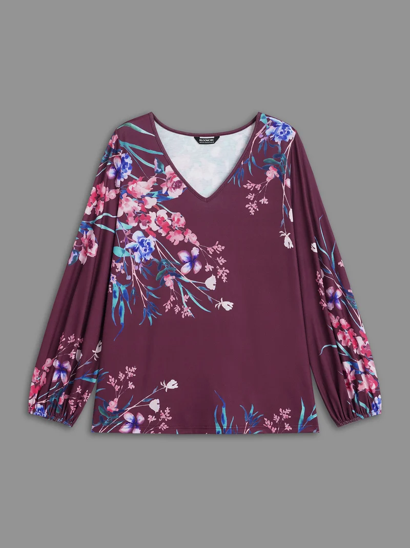 V Neck Floral Print Stretchy T-Shirt