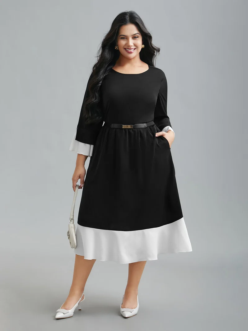 Color Contrast Tiered Skirt Pocket Midi Dress