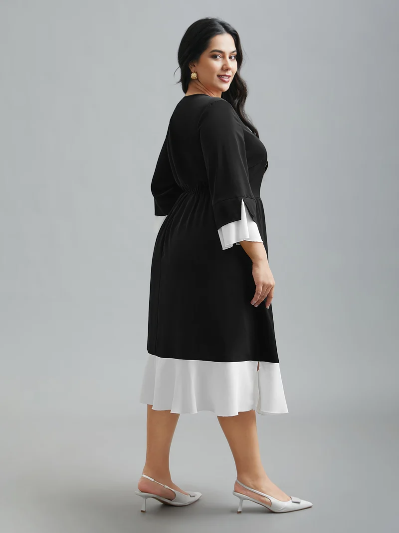 Color Contrast Tiered Skirt Pocket Midi Dress