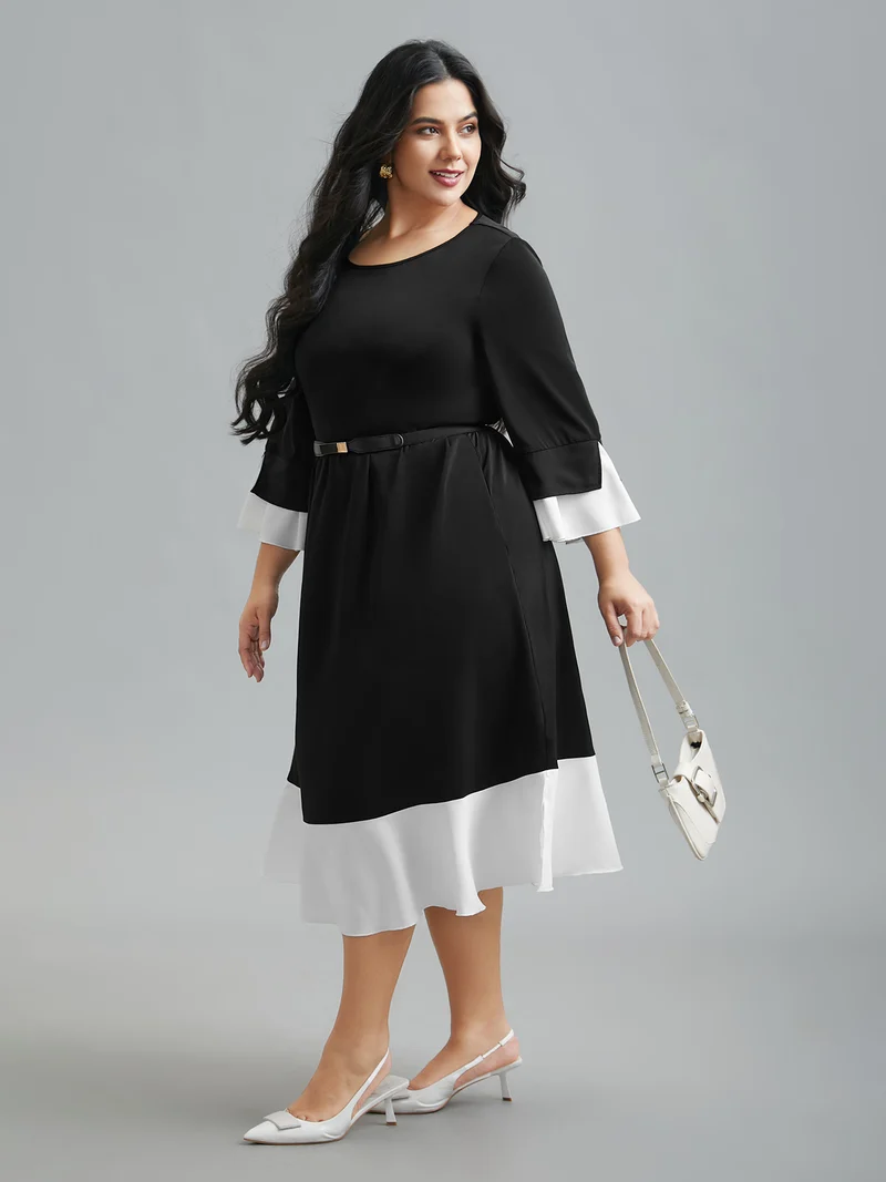 Color Contrast Tiered Skirt Pocket Midi Dress