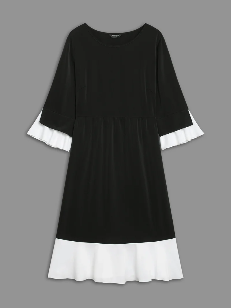 Color Contrast Tiered Skirt Pocket Midi Dress