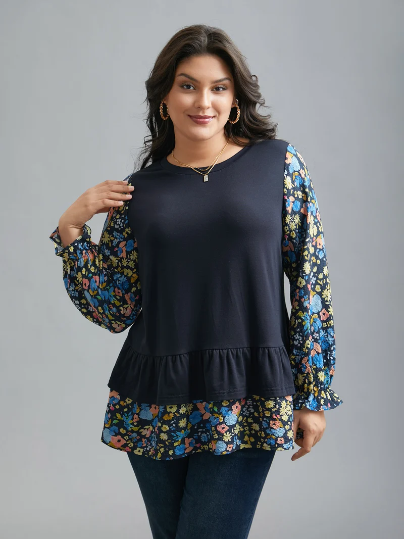 Floral Spliced Tiered Hem T-Shirt
