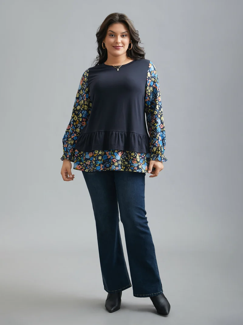 Floral Spliced Tiered Hem T-Shirt