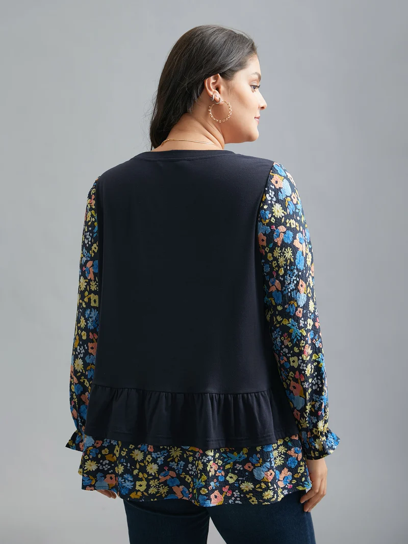 Floral Spliced Tiered Hem T-Shirt