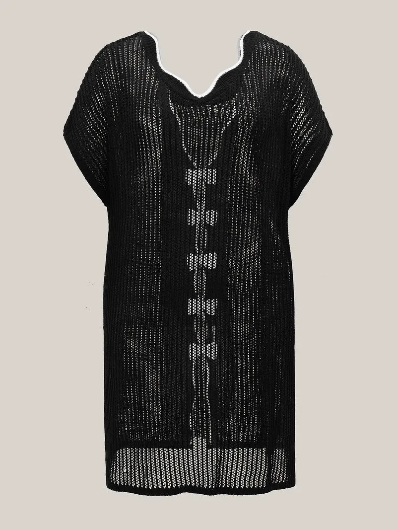 Scalloped Neck Textured Bow Swim Cover Up