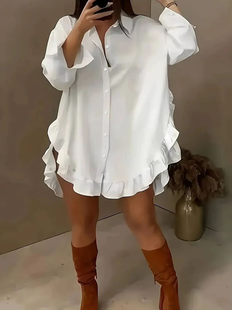 Women's Breathable Fabric Button Front Blouse | Relaxed Oversized Ruffle Summer Top