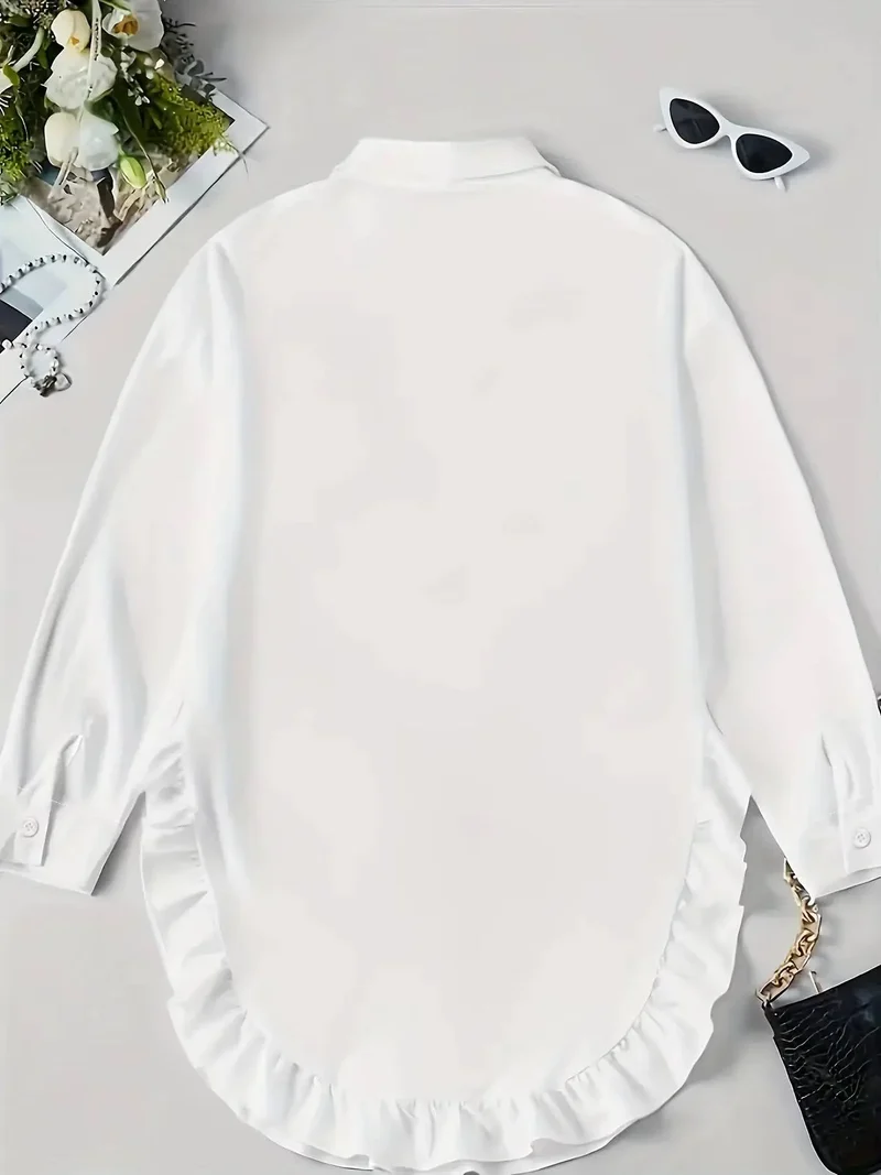 Women's Breathable Fabric Button Front Blouse | Relaxed Oversized Ruffle Summer Top