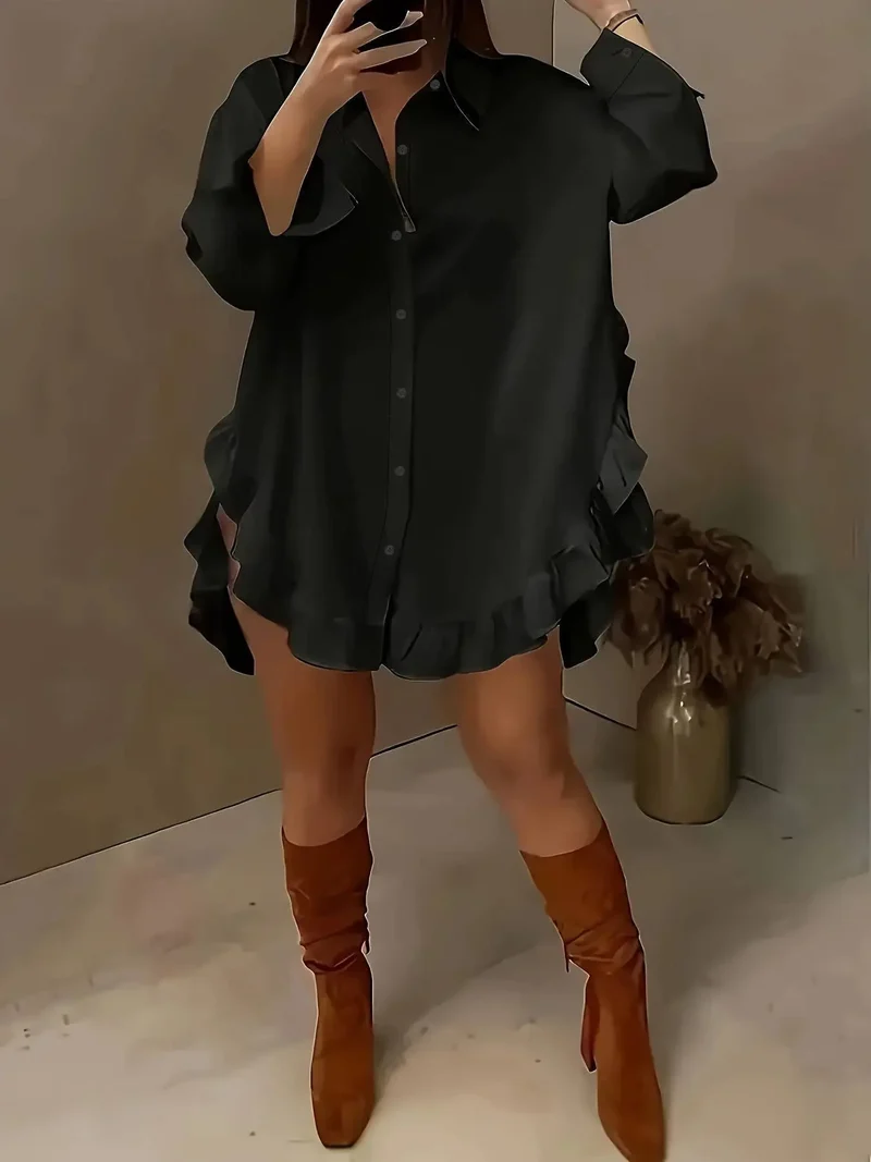 Women's Breathable Fabric Button Front Blouse | Relaxed Oversized Ruffle Summer Top
