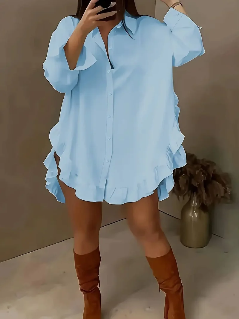 Women's Breathable Fabric Button Front Blouse | Relaxed Oversized Ruffle Summer Top