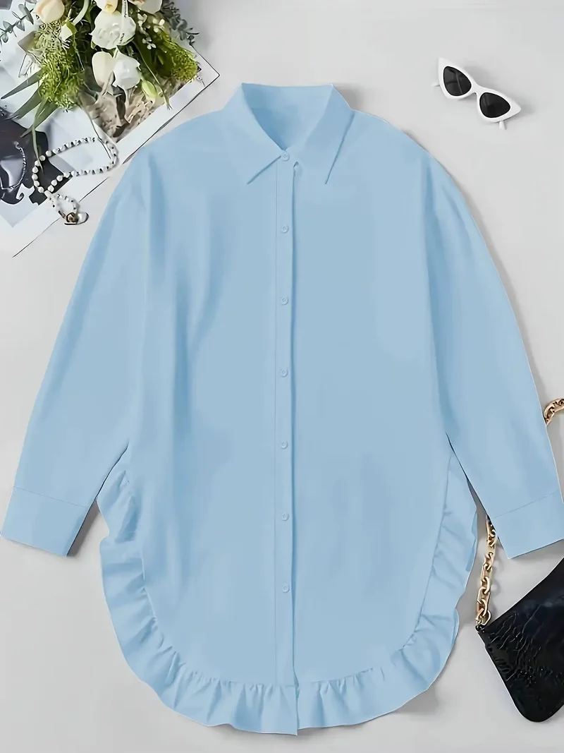 Women's Breathable Fabric Button Front Blouse | Relaxed Oversized Ruffle Summer Top