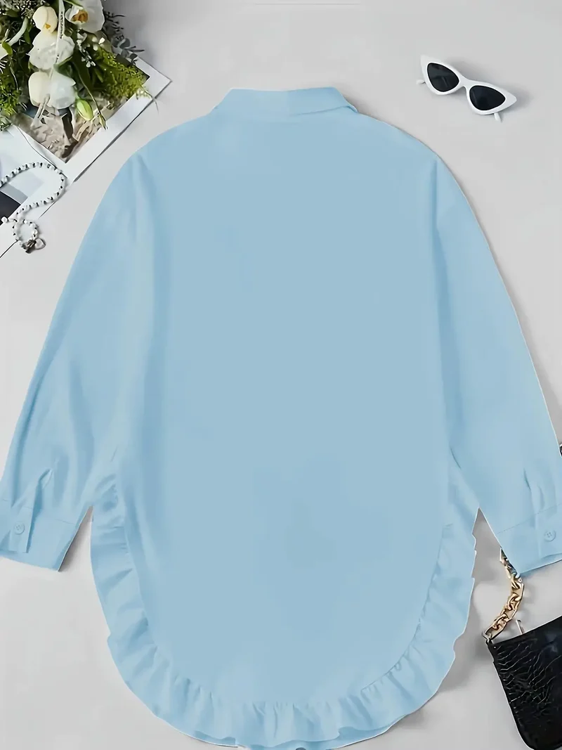 Women's Breathable Fabric Button Front Blouse | Relaxed Oversized Ruffle Summer Top