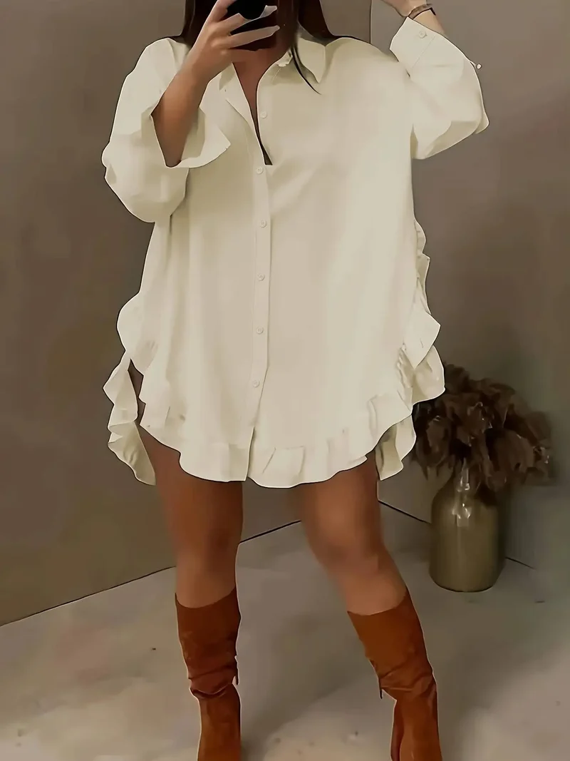 Women's Breathable Fabric Button Front Blouse | Relaxed Oversized Ruffle Summer Top