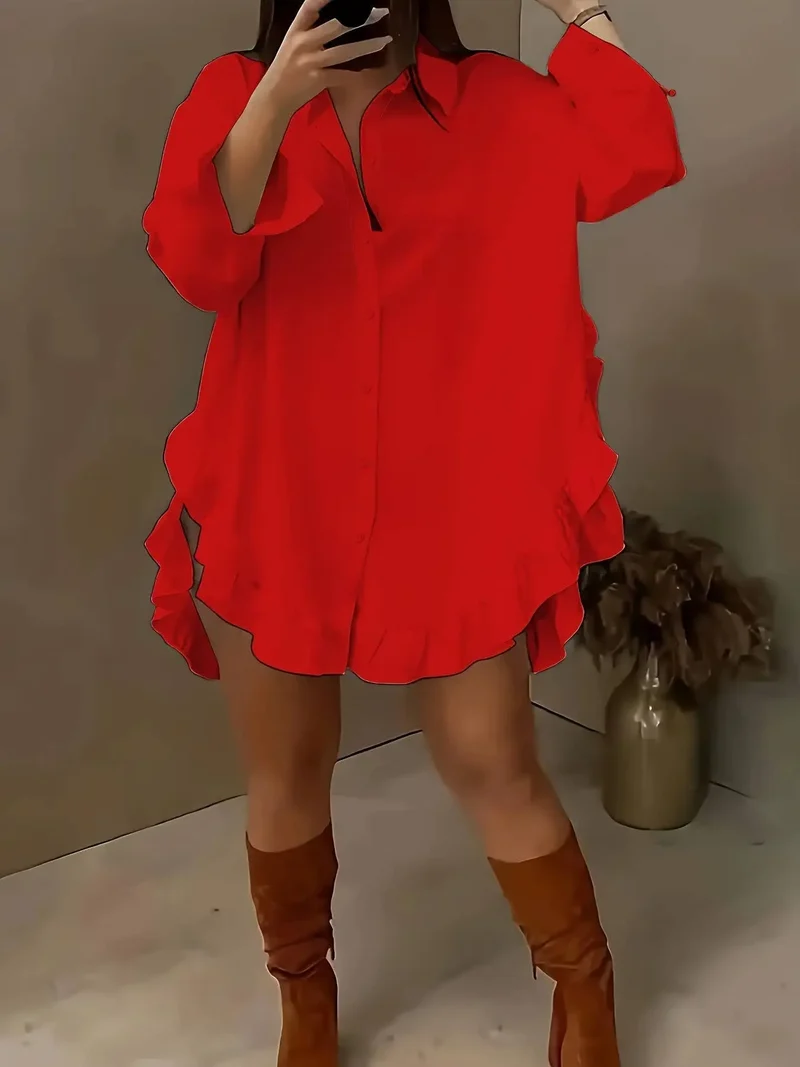 Women's Breathable Fabric Button Front Blouse | Relaxed Oversized Ruffle Summer Top