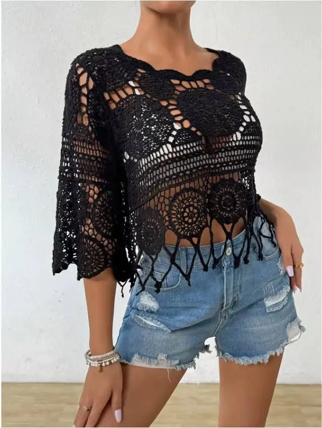 Women's Lightweight Open Weave Crochet Cover Up | Breezy Bohemian Beach Blouse