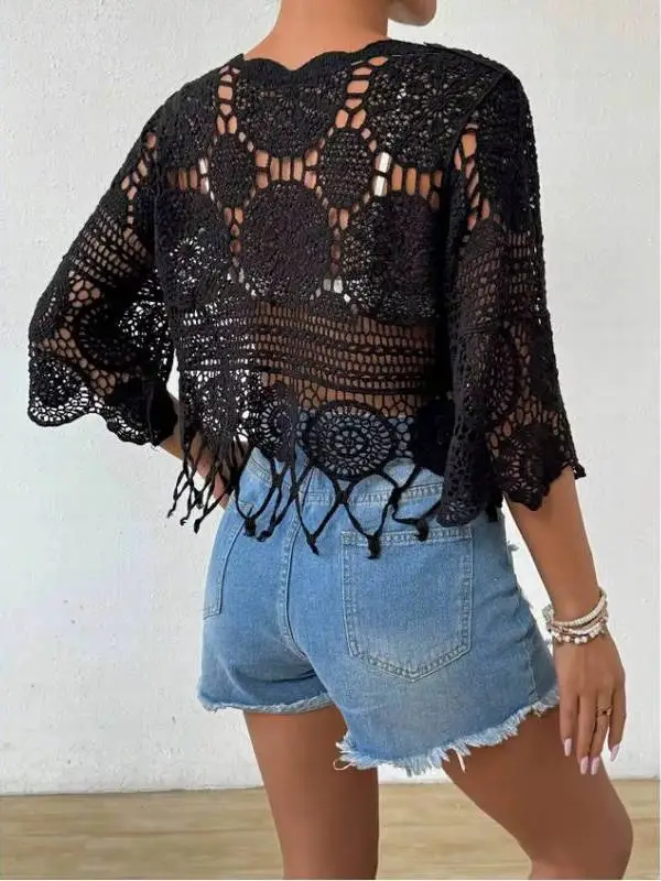 Women's Lightweight Open Weave Crochet Cover Up | Breezy Bohemian Beach Blouse
