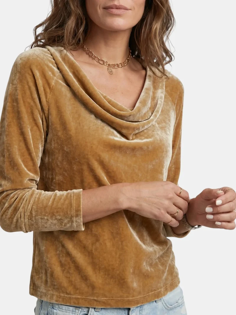Women's Soft Velor Blouse | Draped Neckline Long Sleeve Top | Elegant Comfortable Fit