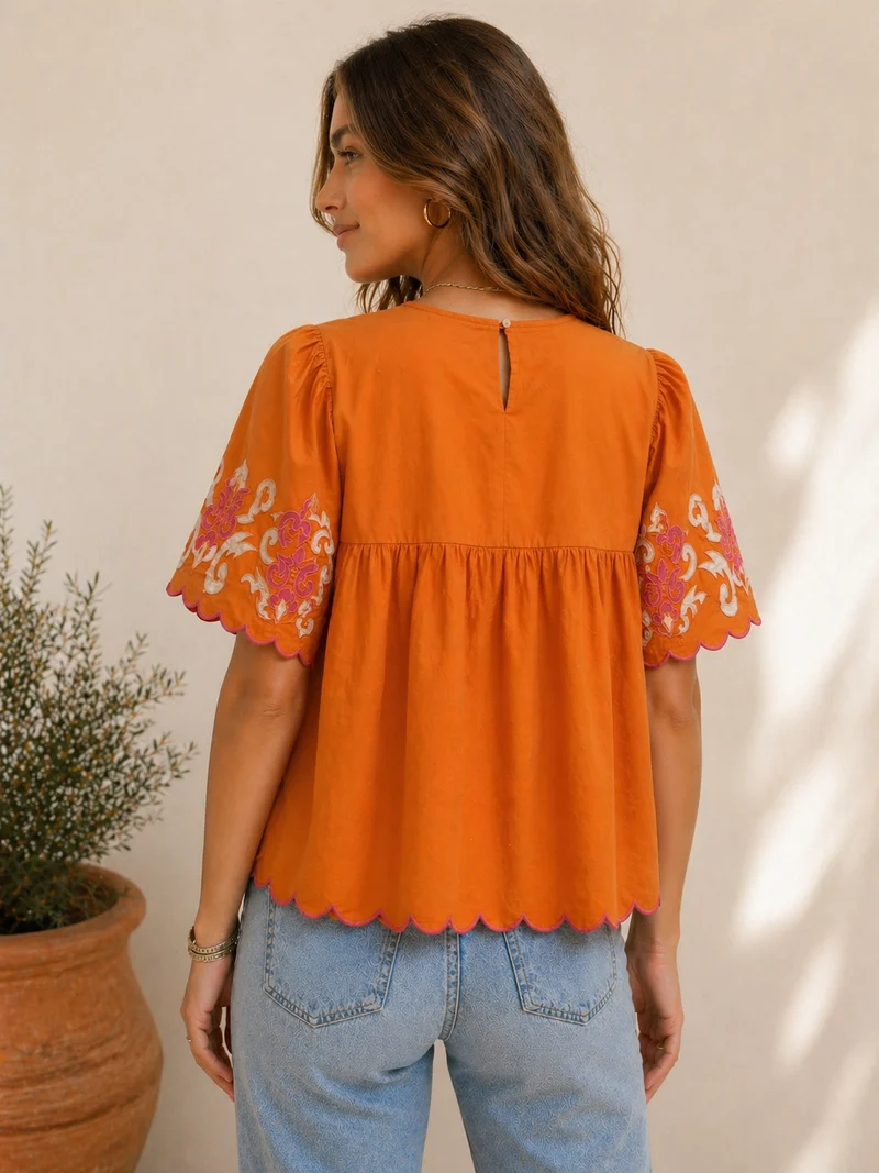 BRIDGETT Short Sleeve Embroidery Top