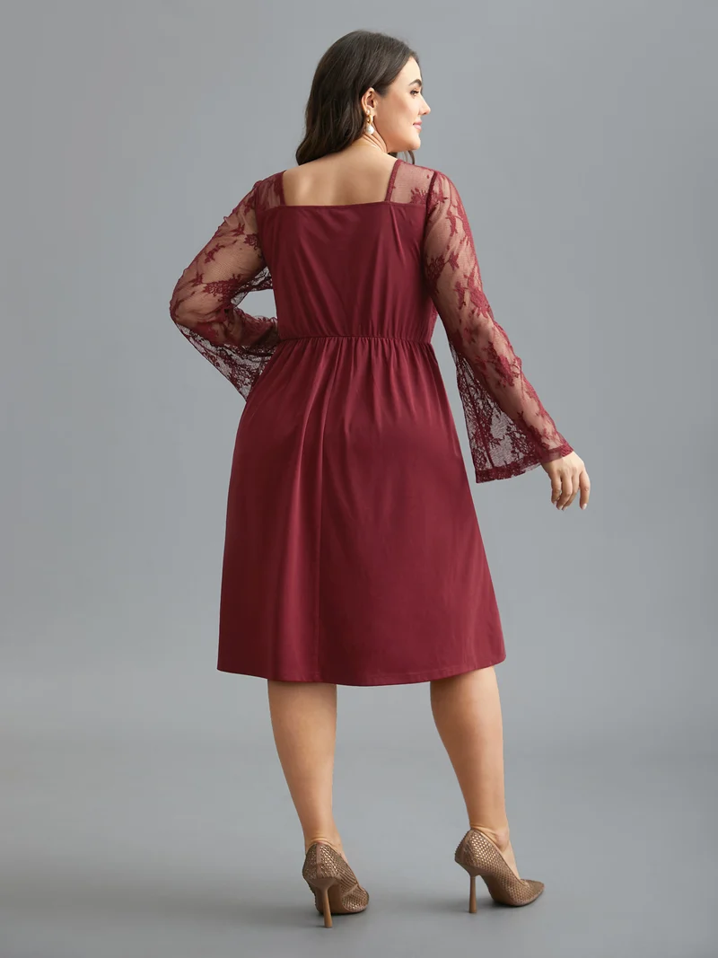Crochet Lace Mesh Bell Sleeve Dress