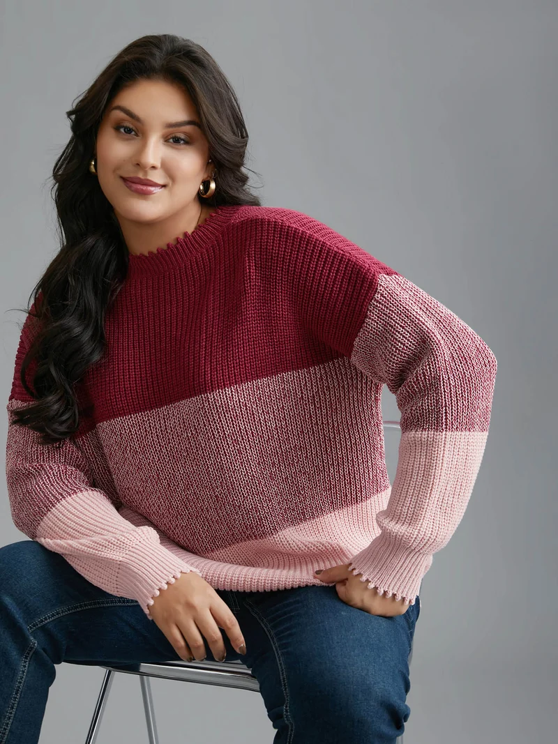 Color Block Texture Round Neck Pullover