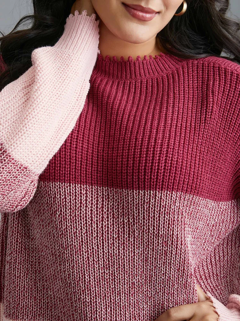 Color Block Texture Round Neck Pullover