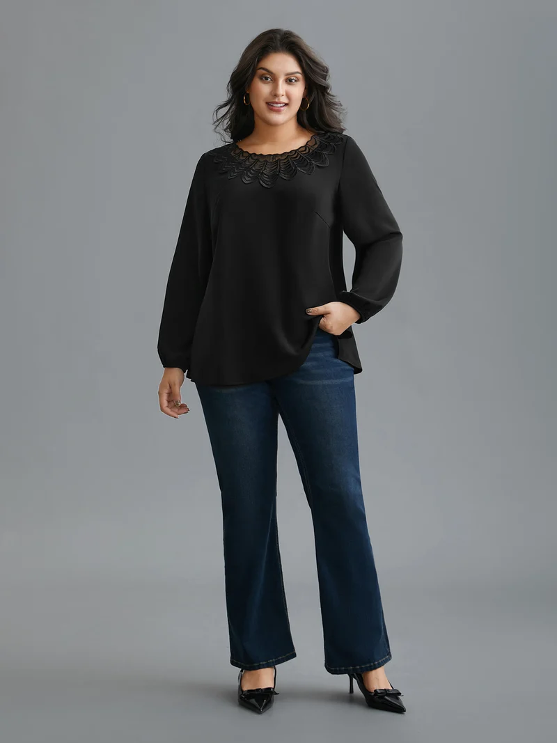 Lace Trim Sheer Neckline Blouse