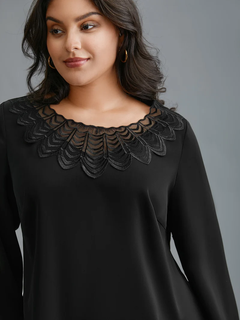 Lace Trim Sheer Neckline Blouse